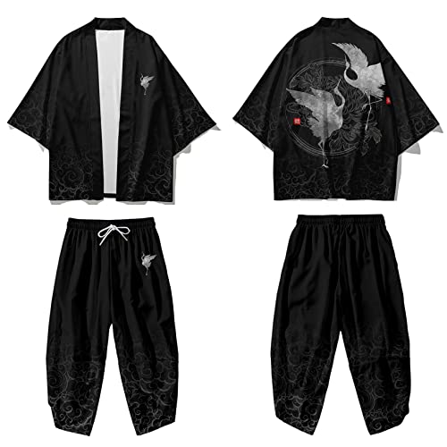 Image of DOSLAVIDA Men's Japanese Kimono Jacket Set Stylish Open Front Coat With Shorts Chinese Style Printed Cardigan Suit