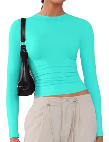 Womens Soft Long Sleeve Shirts Crew Neck Tops Basic Tees Stretchy Going Out Crop Tops Y2K Slim Fit T-Shirts Cyan M