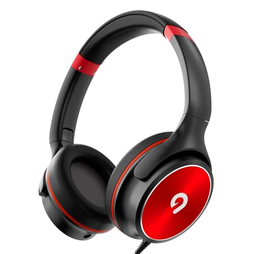 ADOOPE Kids Headphones with Safe 85dB/94dB Volume Limiter for Teen and Boys, Foldable HD Stereo Sound Headset for Kindle Kids/fire Tablet/iPad/Laptop, Headphones with Microphone (Black-red)