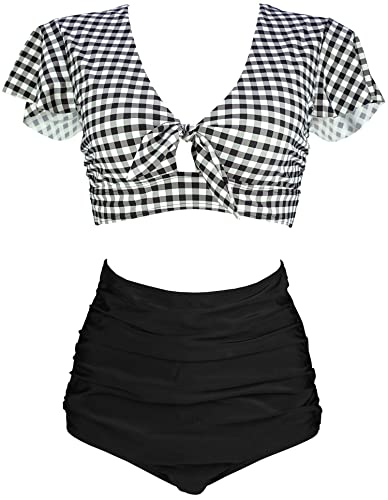 COCOSHIP Gray White Gingham Check & Black Women High Rise Ruched Bikini Set Tie Front Short Sleeve Top Ruffle Bath Swimwsuit 4