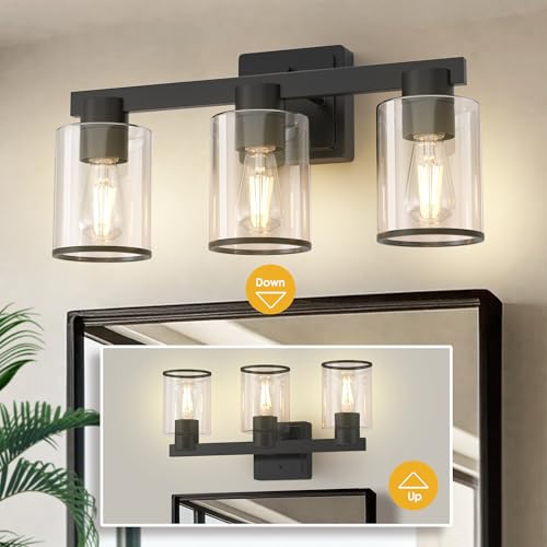 Image of L LOHAS LED Black Bathroom Light Fixtures, 3 Lights Bathroom Vanity Light with Clear Glass Shade, Modern Vanity Lights for Living Room Hallway