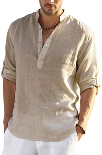 COOFANDY Men's Cotton Linen Henley Shirt Long Sleeve Hippie Casual Beach T Shirts Khaki