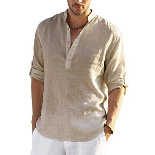 COOFANDY Men's Cotton Linen Henley T-Shirts Long Sleeve Hippie Casual Beach T-Shirts Khaki. Small