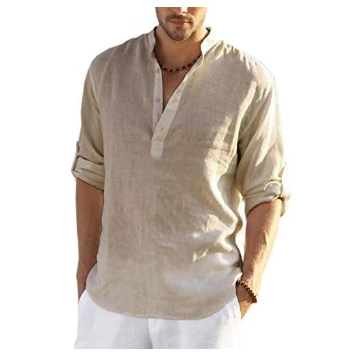 COOFANDY Men's Cotton Linen Henley Shirt Long Sleeve Hippie Casual Beach T Shirts Khaki