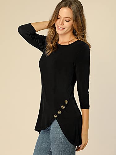 Allegra K Women's 3/4 Sleeve Round Neck Button Decor Casual Stretchy Tunic Tops Medium Black #TOP1