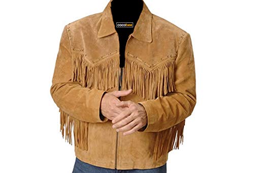 Leather Suede Western Jacket with Frings Cowboy Native American Jacket Coat (4XL) Black