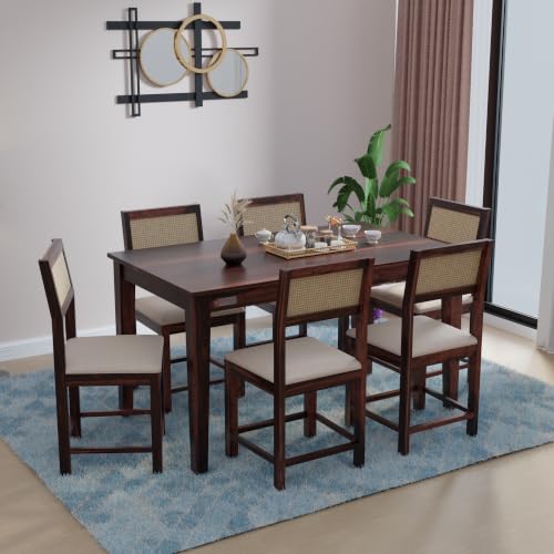 Image of DRIFTINGWOOD Amber Solid Sheesham Wood 6 Seater Dining Table Set with Rattan Back Chairs | Beige Velvet Cushioned Seating for Home & Dining Room (Walnut Finish, DIY)