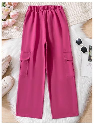 Image of Verdusa Girl's Elastic Waist Straight Leg Cargo Pants Casual Long Trouser with Pockets Hot Pink 8Y