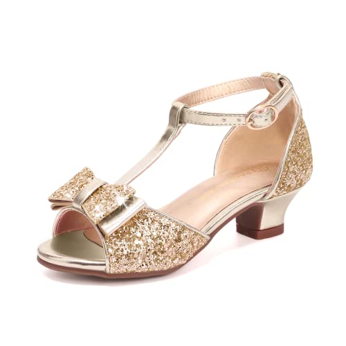 Image of PANDANINJIA Lilly Girls Heels Todder Dress Shoes Pump T Strap Open Toe Bow Little Big Kids Flower Girl Shoes(Gold Sequin, 6 M US Big Kid)