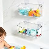 Eunion Bath Toy Storage 2 Packs, Large Bath Toy Holder, Quick Dry Bathtub Toys Organizer, Shower Caddy Shower Organizer for Bathroom Storage, No Drill Shelves Basket, Drainable, Clear White
