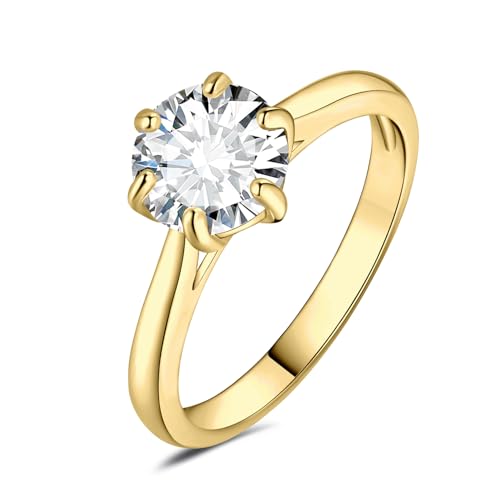 JewelryPalace Classic 1ct Round Cut Moissanite Solitaire Engagement Rings for Women, 14K Yellow Gold Plated Promise Ring for Her, Simulated Diamond Anniversary Wedding Rings 9 by JewelryPalace - Used condition - US$17.09