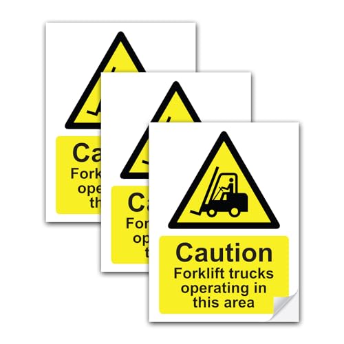 Image of SAFESIGN (3 Pack) Caution Forklift Trucks Vinyl Sign Stickers 200 X 150mm - Waterproof Fork Lift Truck Vinyl Conforms to EN ISO 7010:2012 Warehouse Commercial