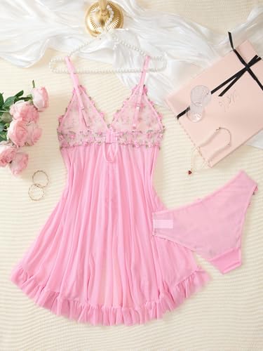 Image of Foxiny Sexy Ruffle Sheer Mesh Lace Wireless Babydoll Lingerie Dress with Thong 2 Piece