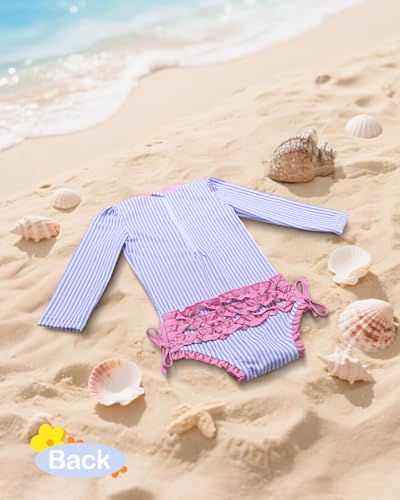 Image of ALVA Girls' One Piece Swimsuit with Hat, Baby Rash Guard Sets,Long Sleeve Zipper UPF 50+ Sun Protection Bathing Suit