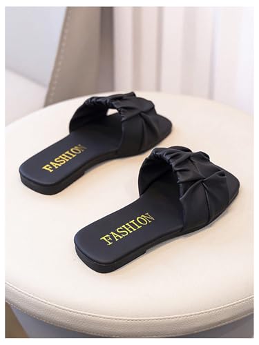 GORGLITTER Girl's Ruched Single Band Chic Flats Square Open Toe Pu Leather Slide Sandals4