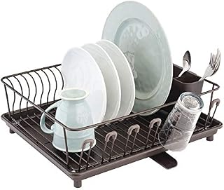 mDesign Large Metal Kitchen Countertop, Sink Dish Drying Rack - Removable Plastic Cutlery