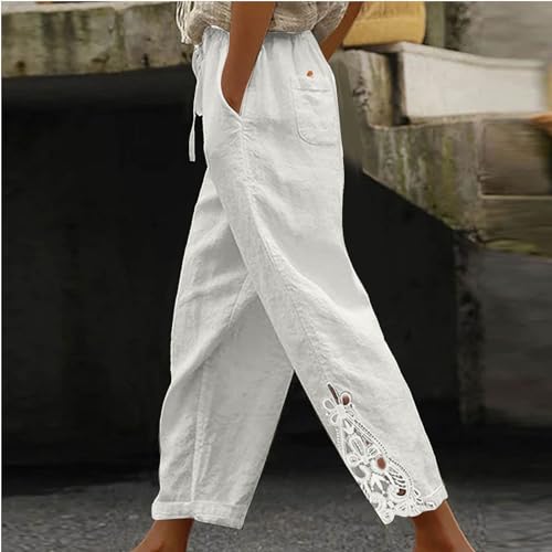 Firzero Capris Pants for Women High Waisted Cotton Linen Pants Casual Summer Lace Button Straight Leg Pants 20242