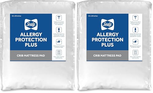 Image of Sealy Baby Allergy Protection Plus Fitted Waterproof Infant Crib Mattress Protector Pad and Toddler Bed Cover, Durable & Comfortable Topper, Machine Washable and Dryer Friendly, 52” x 28”- White