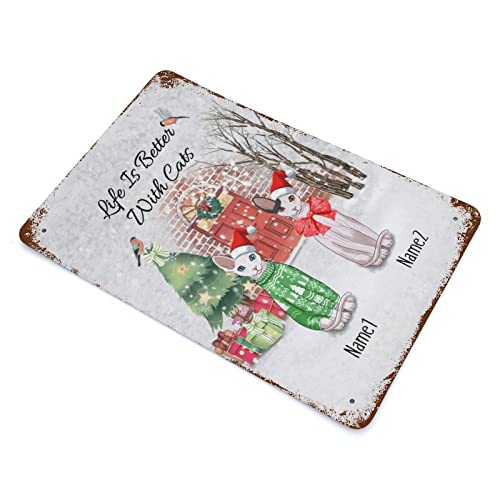 Cat Lover Girls Gifts Metal Sign Custom Metal Signs Outdoor Life Is Better With Cats Personalize Cat's Name Personalized Wall Decor Metal Signs Hanging Wall Plaque Kitchen 8"X12" #TOP2