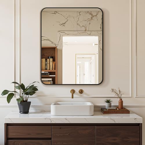 Image of Delma Bathroom Vanity Mirror, Black Framed Mirror for Over Sink, 30x24 | HD glass, distortion-free for makeup and grooming, Sturdy frame, all mounting hardware, hangs horizontal or vertical