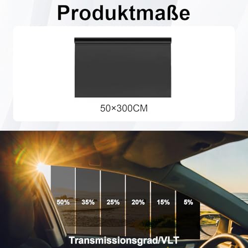 Tönungsfolie Auto Fenster 50×300cm, Schwarz Sonnenschutzfolie selbstklebend für Autoscheiben, UV Schutz & Hitzeschutz, Splitterschutz, Verschiedene Lichtdurchlässigkeit (VLT 25%, 50CM*300CM)
