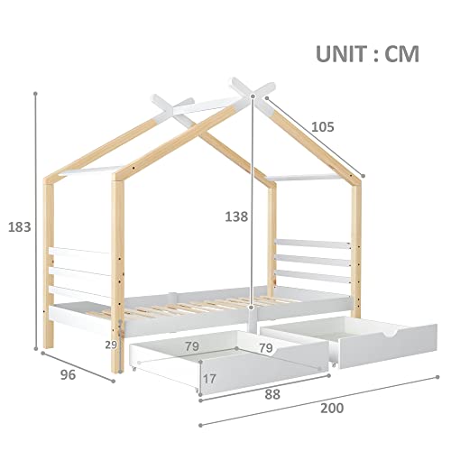 BTM Kids Toddler Beds with Storage Underneath - 3FT Single Bed with Solid Pine Wood House Tree Canopy for Girls and Boys