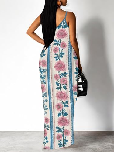Image of Women Spaghetti Strap Maxi Dress with Pockets | Soft fabric relaxed fit sleeveless v neck with pockets for party and daily wear