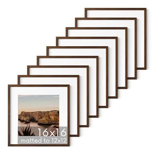 HAUS AND HUES Walnut Oak Wood 16x16 Picture Frames - Set of 9, Square Frames with Mat, Elegant Frames for Gallery Wall Displays (16x16 in, Walnut, Set of 9)