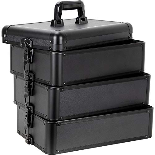 Sunrise Makeup Rolling Case 4 In 1 Professional Organizer I3364 Aluminum, 3 Stackable Trays And Two 3 Tier Trays, 4 Wheel Spinner, Black Matte #TOP3