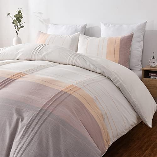 Duvetex 100% Cotton Bedding Duvet Cover Queen Size Soft Comfy Breathable Chambray Pintuck Pinch Pleated Yarn Dyed Comforter Duvet Cover Set with 2 Pillow Shams, Button Closure&Corner Ties