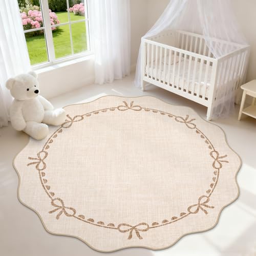 GarveeHome 5ft Round Rugs Washable Scalloped Bow Rug for Bedroom, Beige
