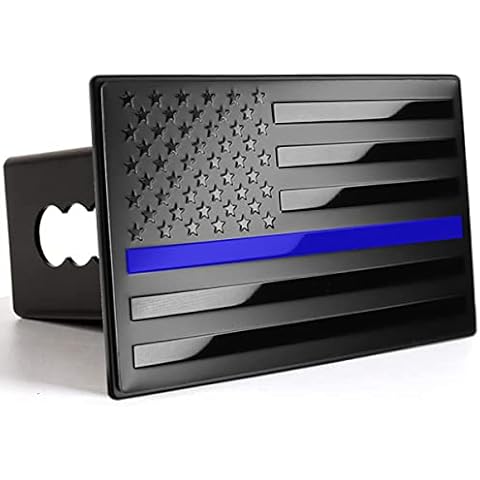 American Flag Metal Trailer Hitch Cover (Fits 2" Receiver, Black with Thin Blue Line) Cover