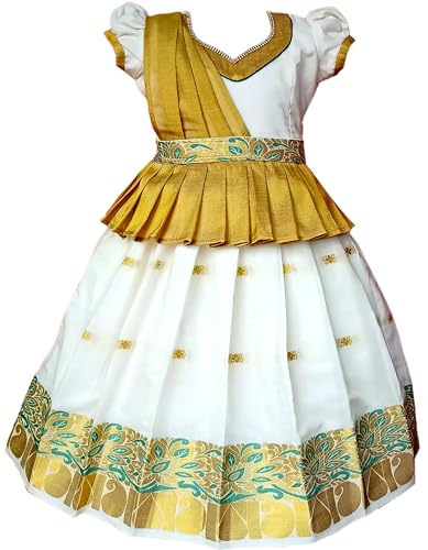 SRI GANAPATHI FASHION Girls Traditional Lehenga Choli with - KERALA HALP SAREE LIGHT GOLD