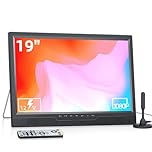 Desobry 19 Inch Portable TV with freeview Antenna, 1080P Small Television with HDMI AV Input, USB Port, Portable Monitor with Built-in Stand, 12V TV for caravan motorhome kitchen bedroom (No Battery)