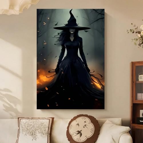 Toile gothique sorcière LYBCEOUG pour une décoration murale halloween noire et blanche moderne