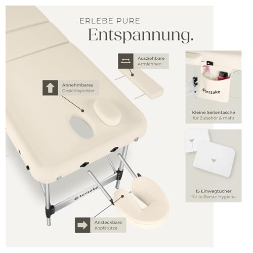 tectake® Massageliege 3 Zonen, Massagetisch, Massageliege klappbar, höhenverstellbare Aluminium Massageliege, Massagebett tragbar inkl. Zubehör, Kopfstütze, Armlehne, Tragetasche - beige 3