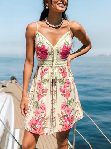 Image of CUPSHE Womens Boho Floral Summer Dress V Neck Lace Trim Spaghetti Strap Backless Smocked Back Beach Vacation Mini Dress
