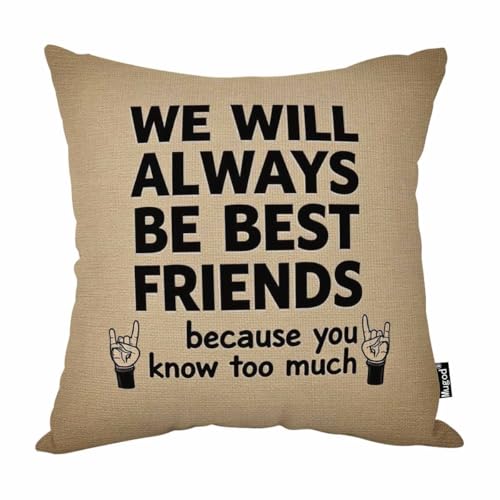 Mugod Best Friends Forever Decorative Throw Pillow Cover Case We Will Always Be Best Friends You Know Too Much Cotton Linen Pillow Cases Square Standard Cushion Covers for Couch Sofa Bed 18x18 Inch