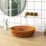 Giantex Teak Wood Vessel Sink - Bathroom Washbasin with Smooth Finish, Round Corner, 2.5” Drain Hole for 1 5/8' Drainage, Above Counter Vanity Sinks, No Assembly Art Basin (16” x 16” x 4” Bowl-shaped)
