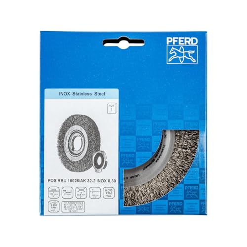 Image of Pferd Round Wire Brush 150 mm, Width 25 mm, Unbraided Wire Stainless Steel 0.30, Includes Set of Hole Adapters Ak 32-2 (12.7-31.75 mm), Universal Use