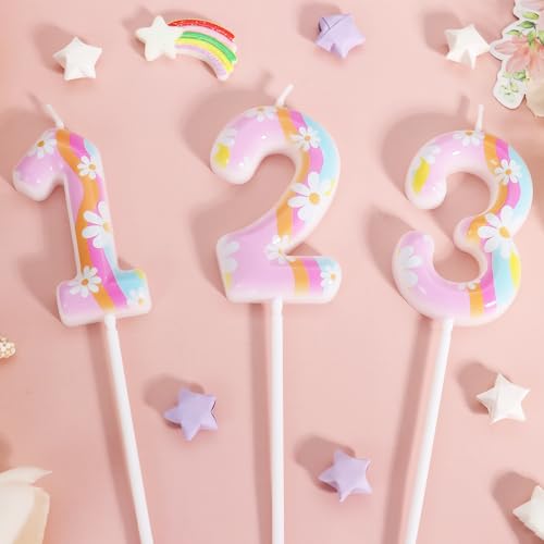 Daisy Birthday Candles for Girls - Number 2 Candle, Rainbow Cake Topper Pink Cake Decorations, Cartoon Themed Birthday Party Supplies