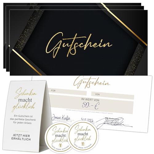 50 Blanko Gutscheine zum selber Ausfüllen | Inklusiv Aufsteller und Aufkleber | Premium Druck | Gutscheinkarten Geschenkgutscheine