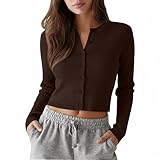 Neer Women's Cropped Cardigans, Cotton Knit Long Sleeve Tops Crew Neck Ribbed Cardigan Open Front Button Down Sweaters(Brown,Large)