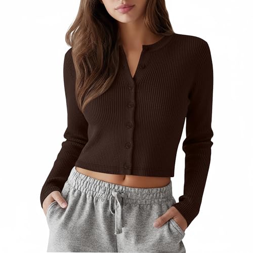 Neer Women's Cropped Cardigan Cotton Ribbed Knit Long Sleeve Top Crew Neck Cardigan Open Front Button Down Shirt(Brown,Small)