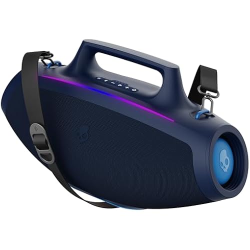 Skullcandy Barrel Bluetooth Boombox Speaker – Water-Resistant Wireless Portable Speaker, with LED Lightshow Mode, 12 Hour Battery, Multi-Link, & USB-C & USB-A Output Charging (Navy)