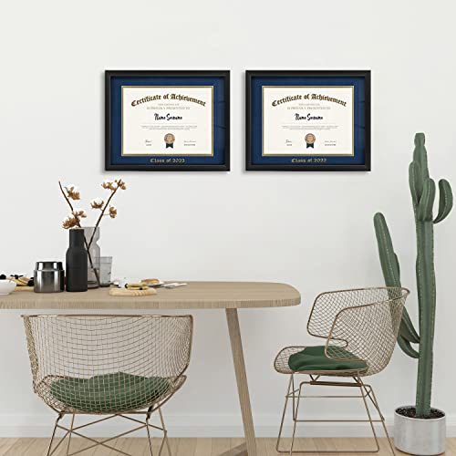 Fonleen 8.5×11 Diploma Frame, Black 11X14 Graduation Signature Board Picture Frame, Fits Certificate 8.5×11 With Mat Or 11×14 Without Mat, For Document, College, Degree Holder(2 Pack Double Mat, Blue With Gold Rim) #TOP6