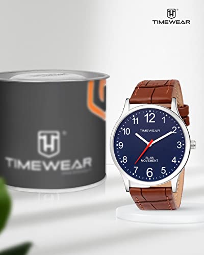 TIMEWEAR Men's Analog Number Dial Brown Leather Strap Watch, Blue, Free Size, Classic