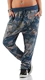 Mississhop 130 Damen Hose Blumen Sweatpants Jogginghose Baumwolle Freizeithose Boyfriend Sporthose Blumenprint Blau
