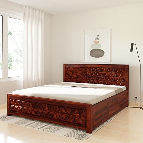 Image of STRATA FURNITURE Solid Sheesham Wood Navis King Size Bed with Box Storage | Palang Cots Wooden Double Beds | Ideal Furniture for Living Room Bedroom and Hotel (Honey Finish)