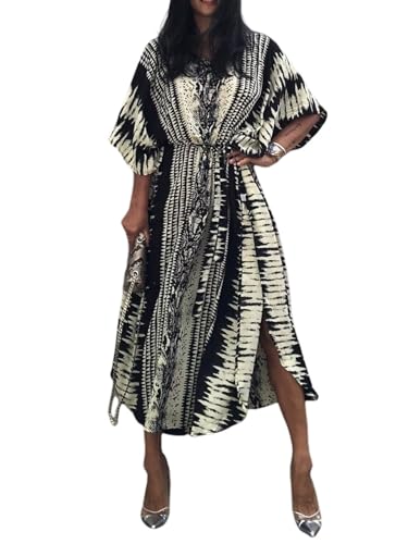 Stylish Women's Printed Beach Kaftan Dress, Short Sleeve, Plus Size Bathing Suit Cover Ups